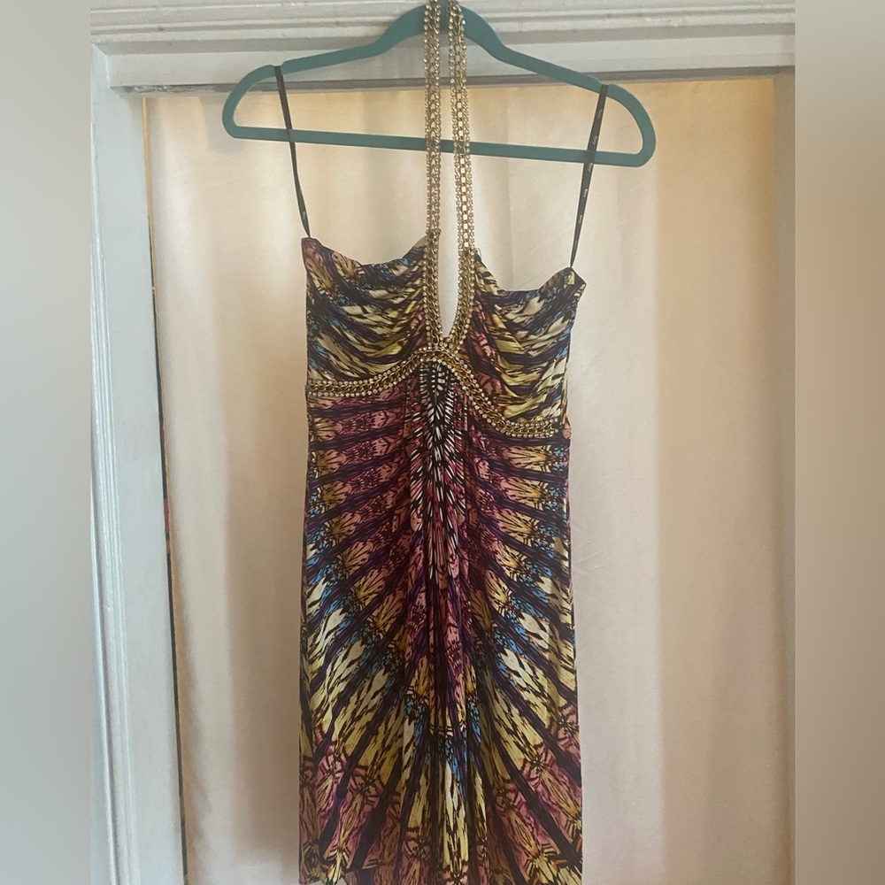 Sky mini dress tie dye effect with gold chain and white Swarovski crystals